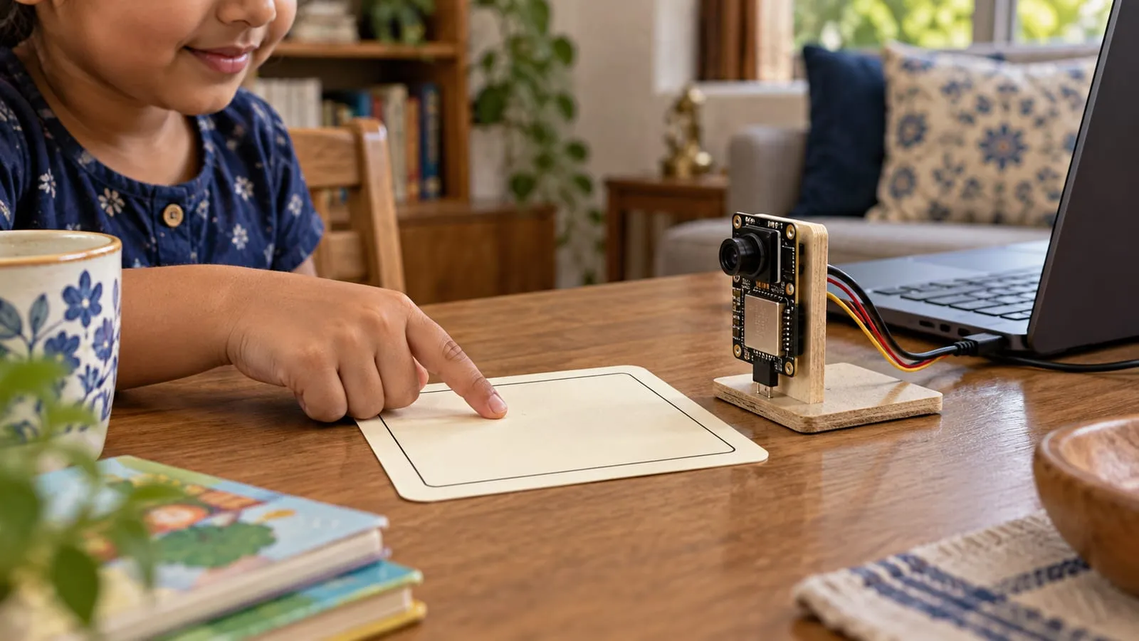 A child points at a blank word card on a table while a small camera board on a wooden stand, wired to a laptop, looks on.