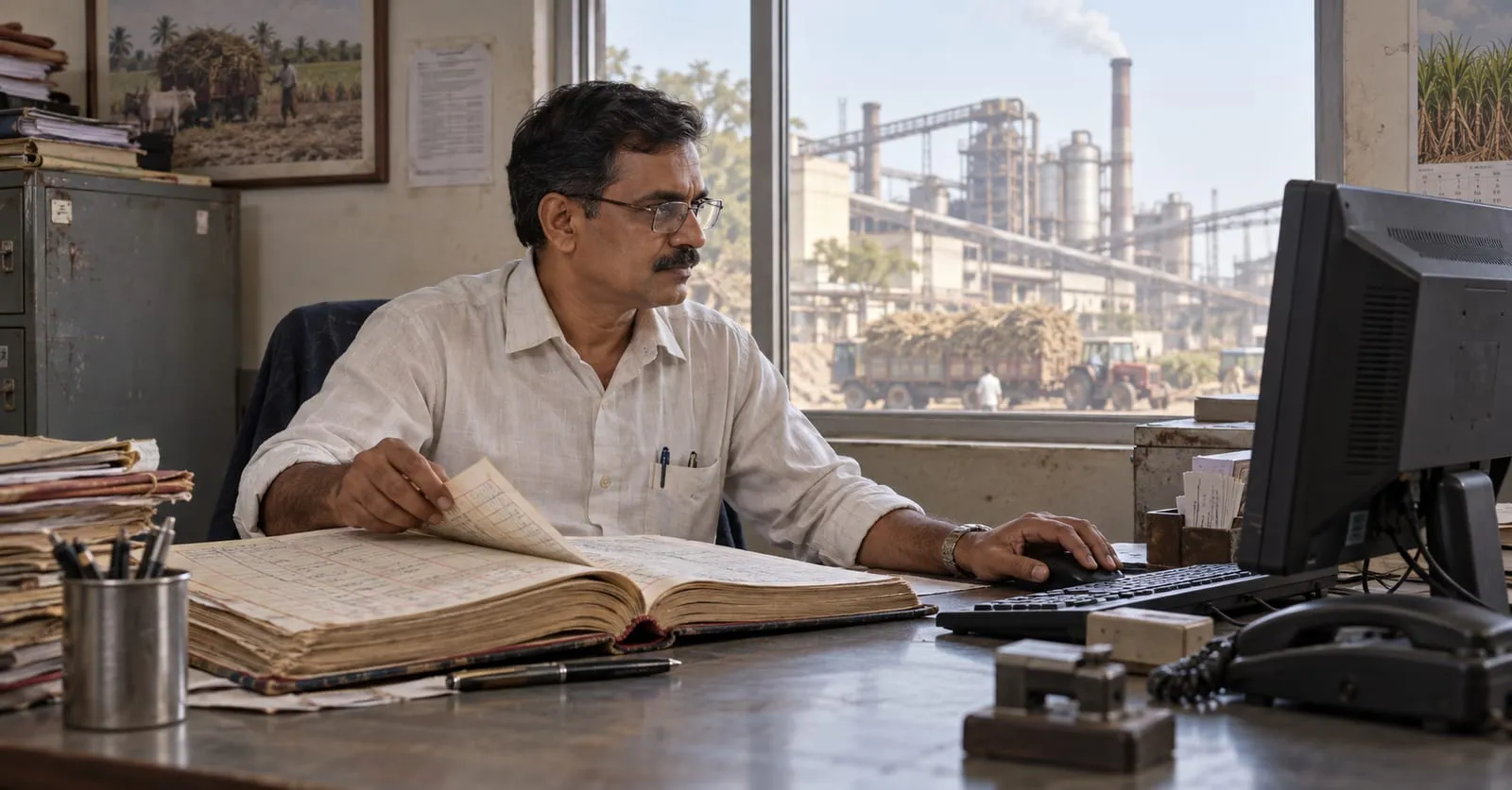 A clerk in a sugar refinery office turns a page of a paper ledger with one hand and works a computer mouse with the other; the mill stands beyond the window.
