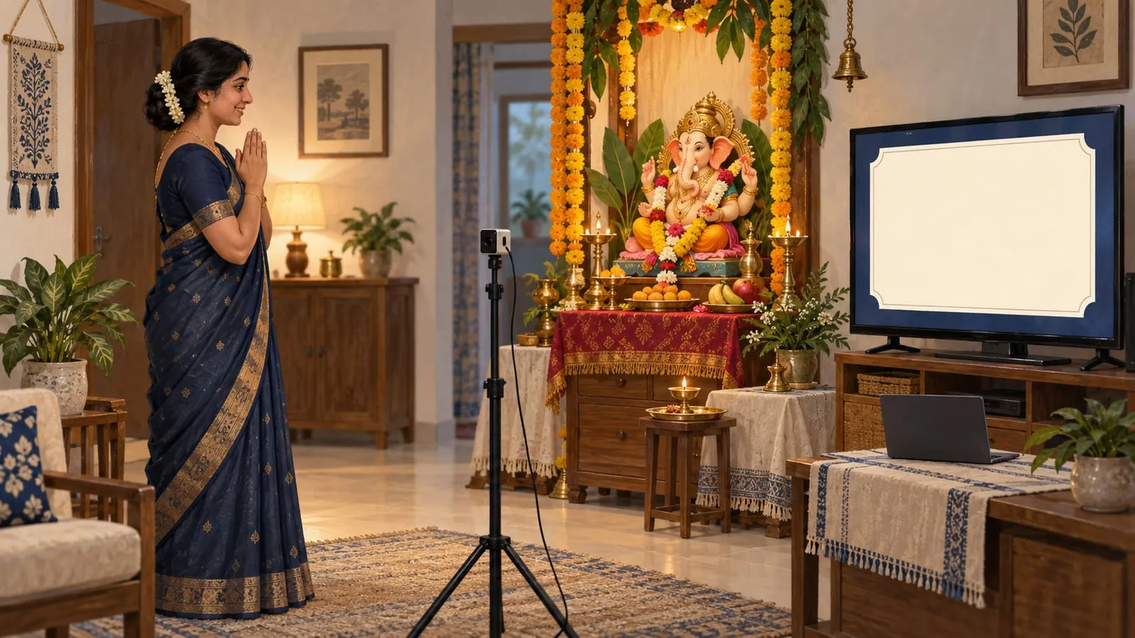 A woman in a navy sari folds her hands before a garlanded Ganpati idol at home while a small camera on a tripod faces her and a television waits with a blank frame.