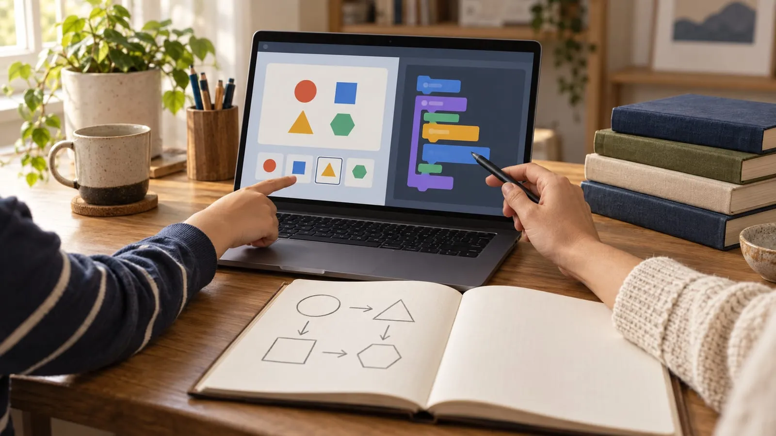 Two pairs of hands at a laptop: a small hand pointing at shapes on the screen, an adult hand holding a stylus over block code, with a flowchart sketched in a notebook.