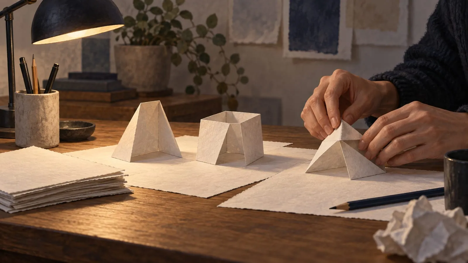 Under a desk lamp, hands fold paper into a pyramid; two paper models stand finished on their sheets and a crumpled ball sits in the corner.