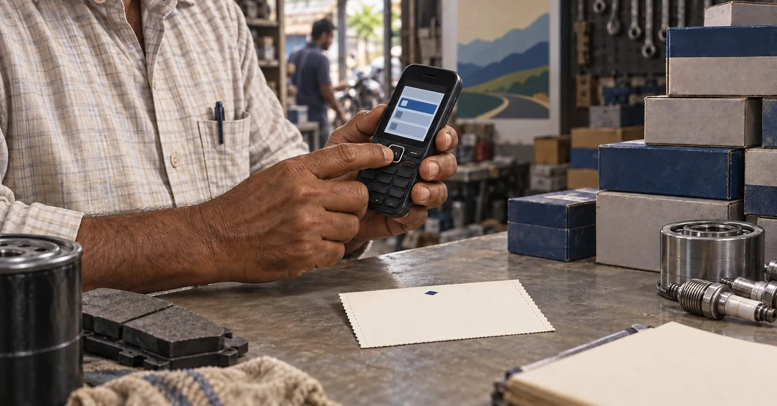 A shopkeeper at a parts counter keys a code into a feature phone; a paper coupon lies on the counter beside brake pads and bearings.