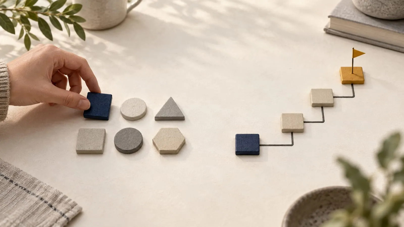 A hand picks a navy tile from six shapes on the left, while on the right a path of tiles steps up to a small orange flag.