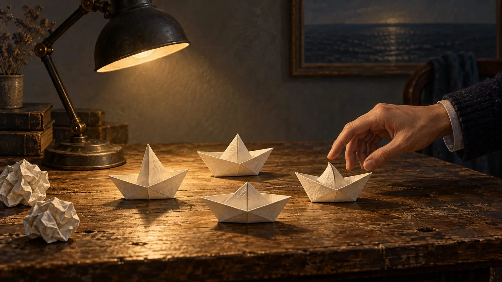 A hand reaches for one of four paper boats under a desk lamp on a dark wooden table; two crumpled balls of paper lie to the side.