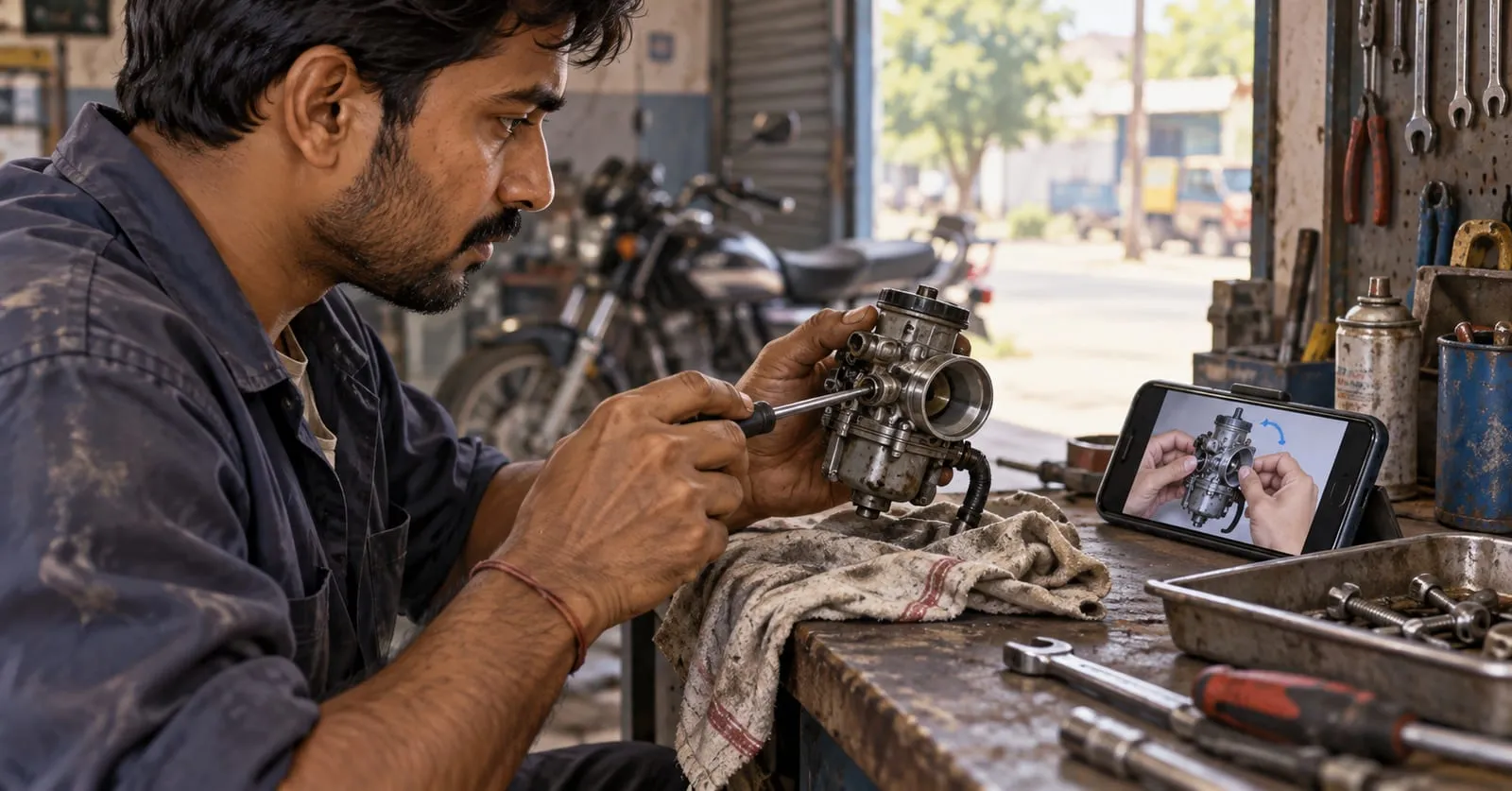 A mechanic in a roadside workshop strips a carburettor with a screwdriver while a phone propped on the bench plays a video of the same repair.