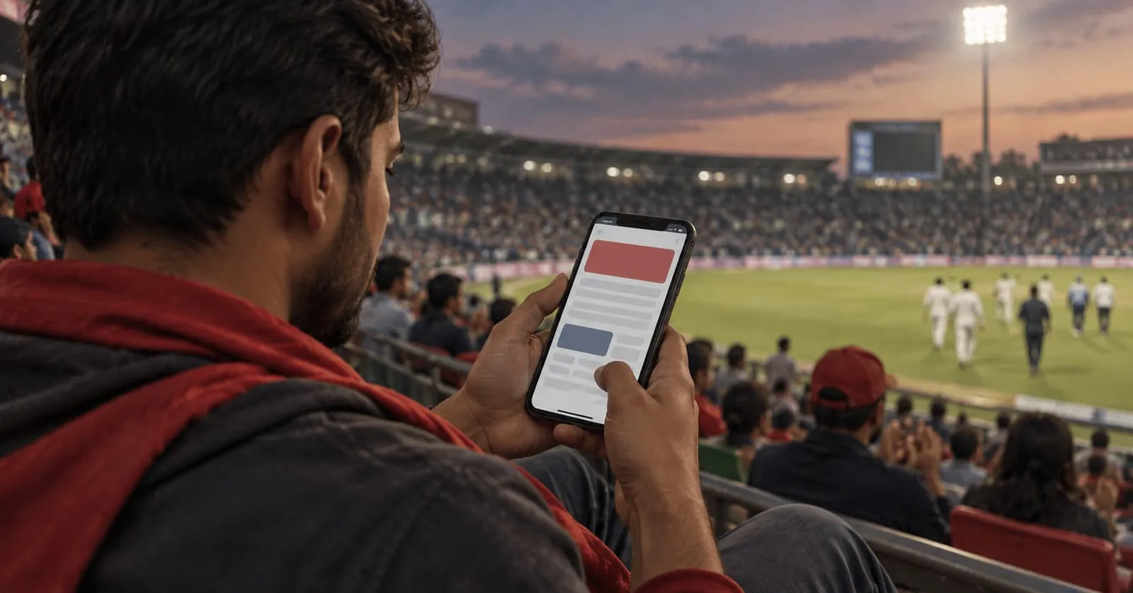 A fan in a red scarf at a floodlit cricket ground checks a match app on his phone as players walk off the field.