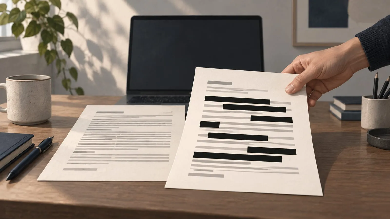 A hand holds up a printed page with several lines blacked out, beside an unredacted copy, in front of a laptop on a wooden desk.