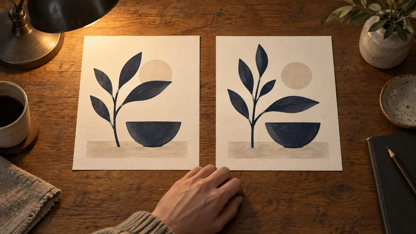 Two near-identical prints of a plant and a bowl lie side by side under a desk lamp; a hand rests between them.