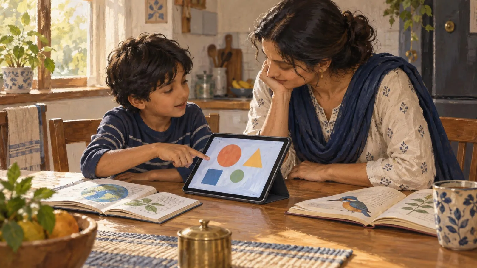 A boy points at shapes on a tablet at a kitchen table while his mother watches, chin in hand, open picture books around them.