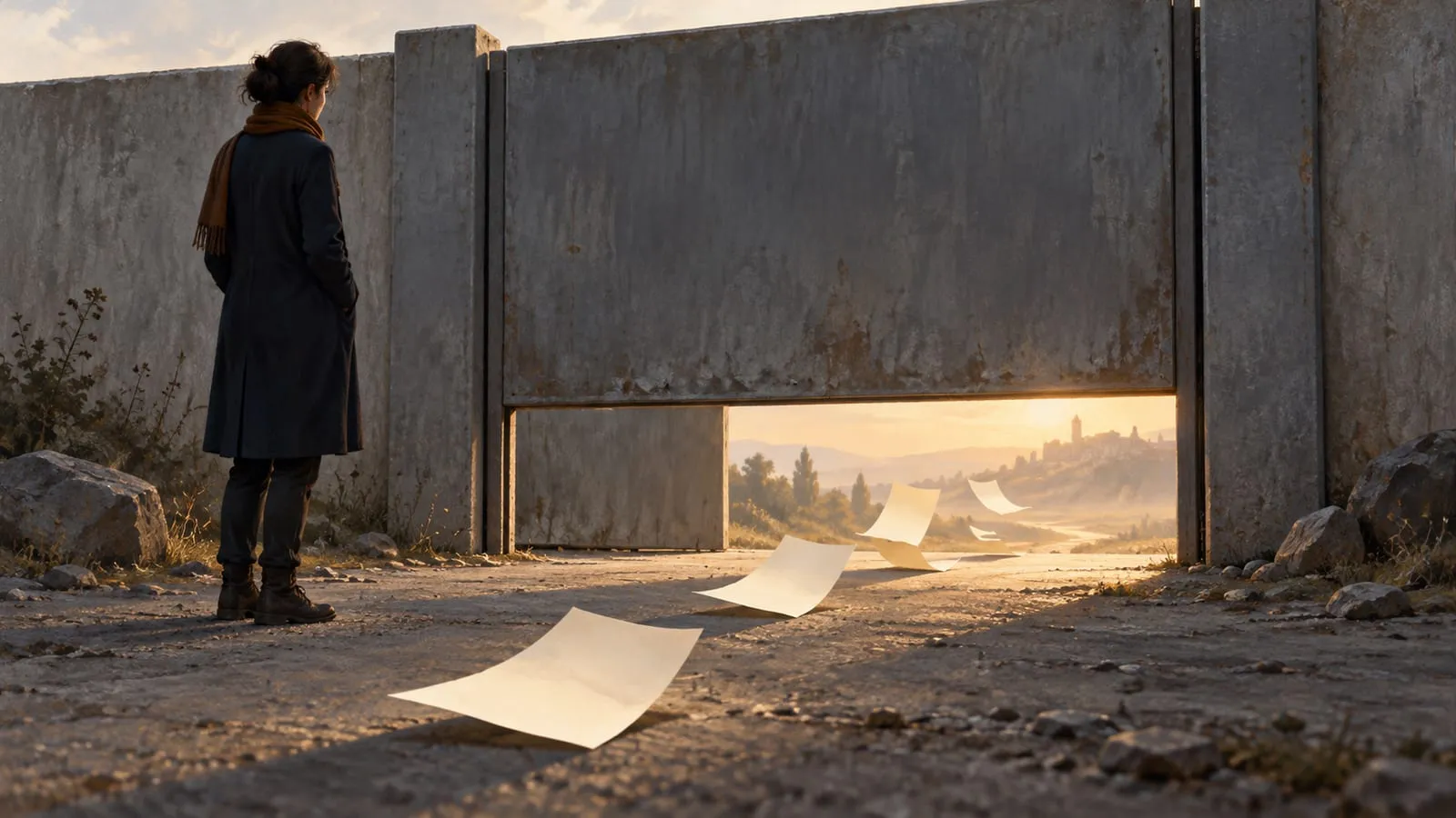 A figure in a long coat stands before a tall concrete gate; sheets of paper slip under it toward a sunlit valley on the other side.