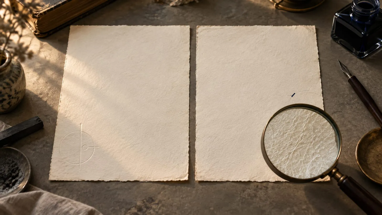Two sheets of handmade paper under raking light; one carries a faint embossed mark, the other a single tiny blue fibre, with a magnifying glass resting on it.