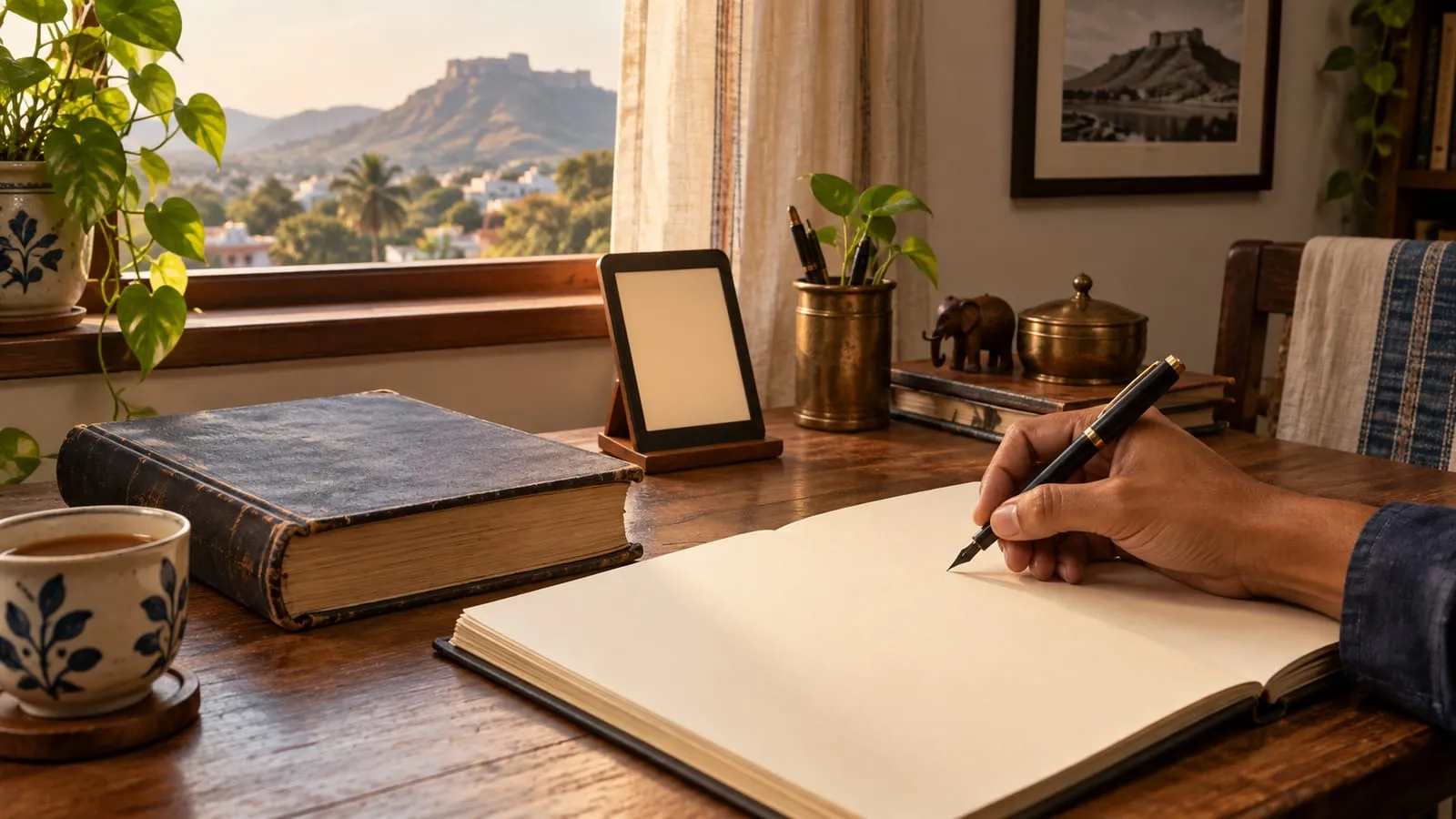 A hand writes with a fountain pen in a blank notebook beside a worn leather-bound book and an e-reader on a stand; a hill fort shows through the window.